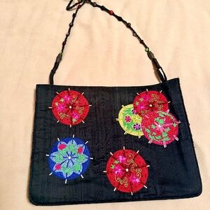 Chico’s Black Silk-Look Beaded Parasol Shoulder Bag Embellished Evening Purse